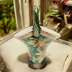 Vintage Chinese Ceramic Floral Basket Basket With Floral Design And Gold Trim